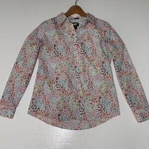 Lands End No Iron Supima Floral Cotton Top Shirt Blouse Size 8 Long Sleeve